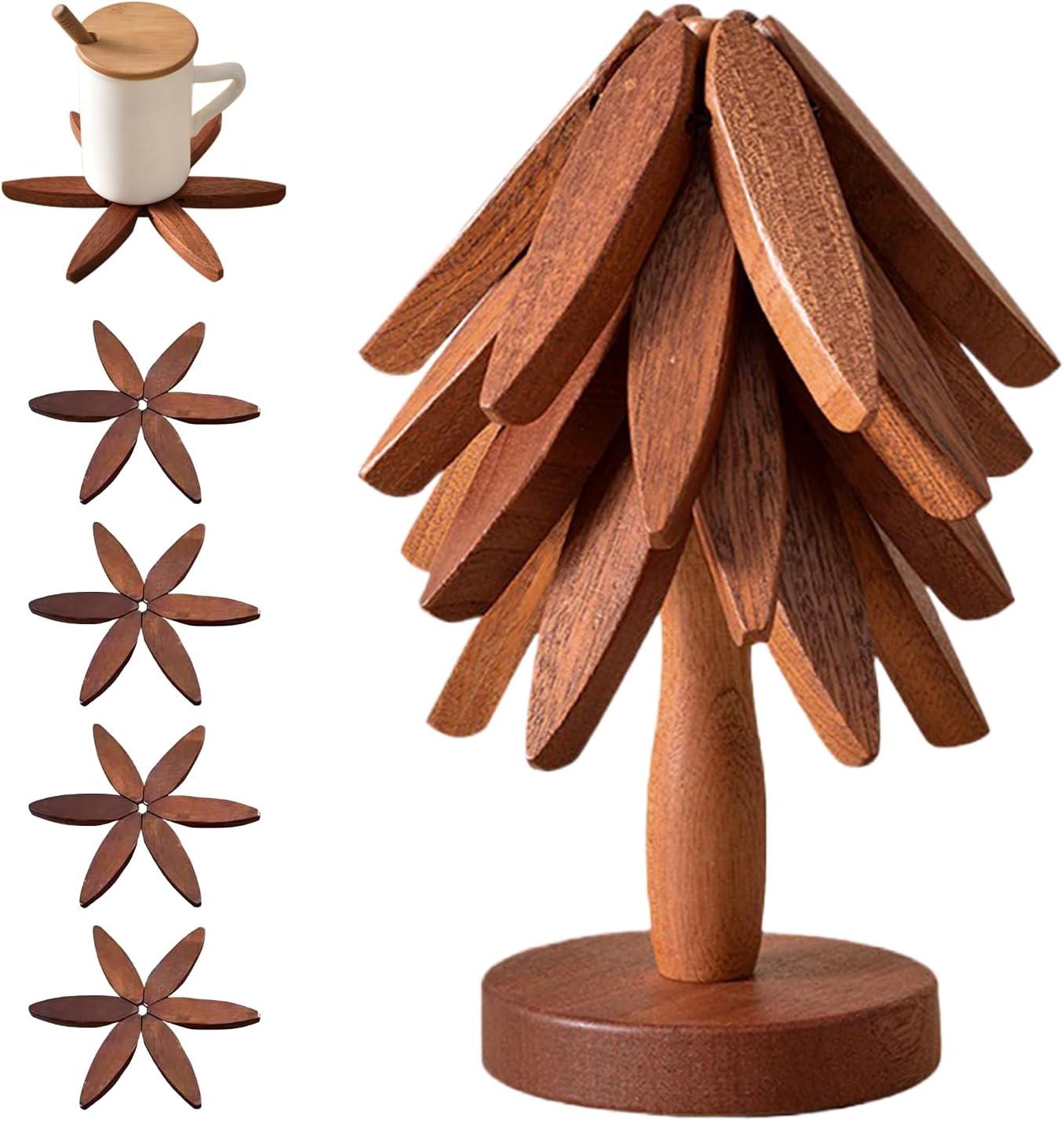 🎁Early Christmas Hot Sale 🎅Natural Tree Trivet Set - 4 bamoo Trivets & 1 Stand Like a Christmas Tree