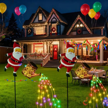 Solar Santa Watering Can Garden Light with Cascading LED Lights – Outdoor Waterproof Christmas Stake Light