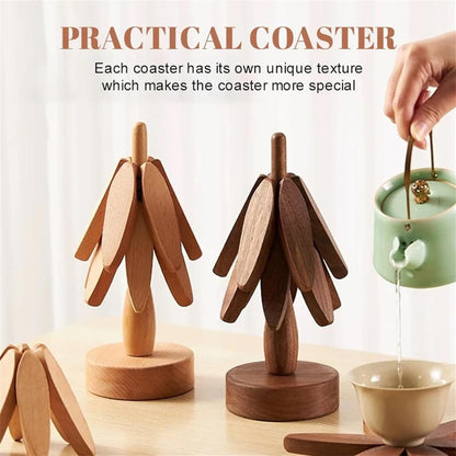 🎁Early Christmas Hot Sale 🎅Natural Tree Trivet Set - 4 bamoo Trivets & 1 Stand Like a Christmas Tree