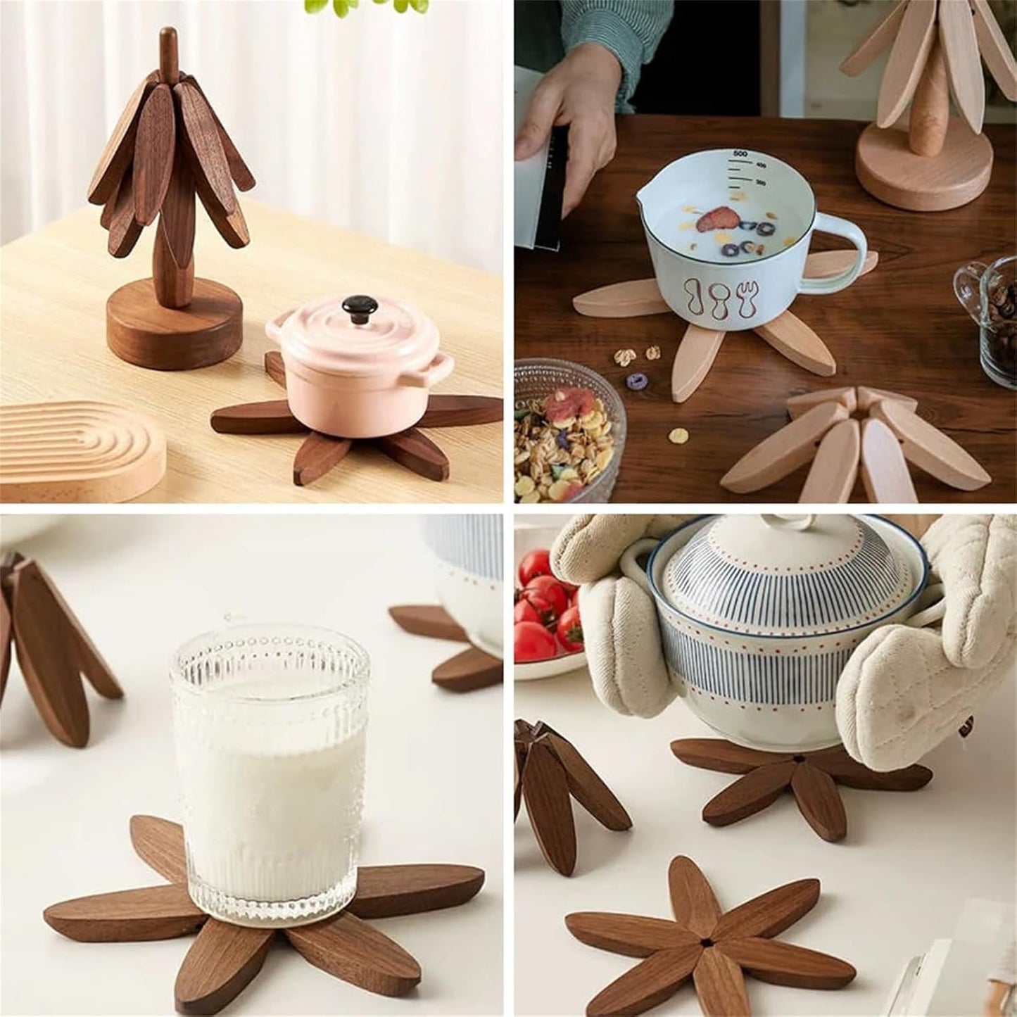🎁Early Christmas Hot Sale 🎅Natural Tree Trivet Set - 4 bamoo Trivets & 1 Stand Like a Christmas Tree
