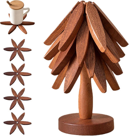 🎁Early Christmas Hot Sale 🎅Natural Tree Trivet Set - 4 bamoo Trivets & 1 Stand Like a Christmas Tree