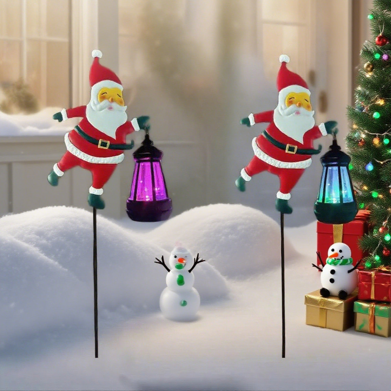 Solar Santa Watering Can Garden Light with Cascading LED Lights – Outdoor Waterproof Christmas Stake Light