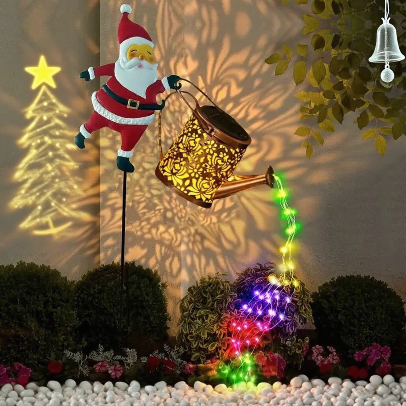 Solar Santa Watering Can Garden Light with Cascading LED Lights – Outdoor Waterproof Christmas Stake Light