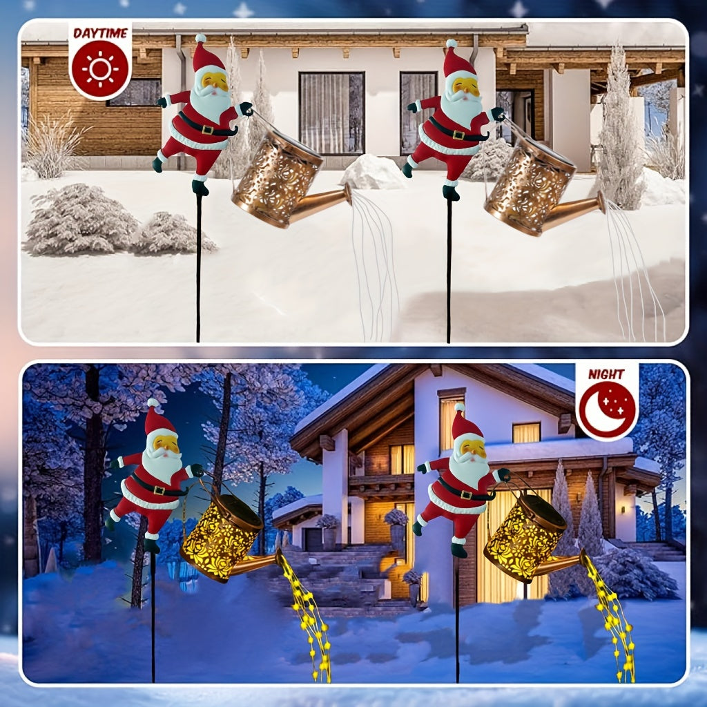 Solar Santa Watering Can Garden Light with Cascading LED Lights – Outdoor Waterproof Christmas Stake Light