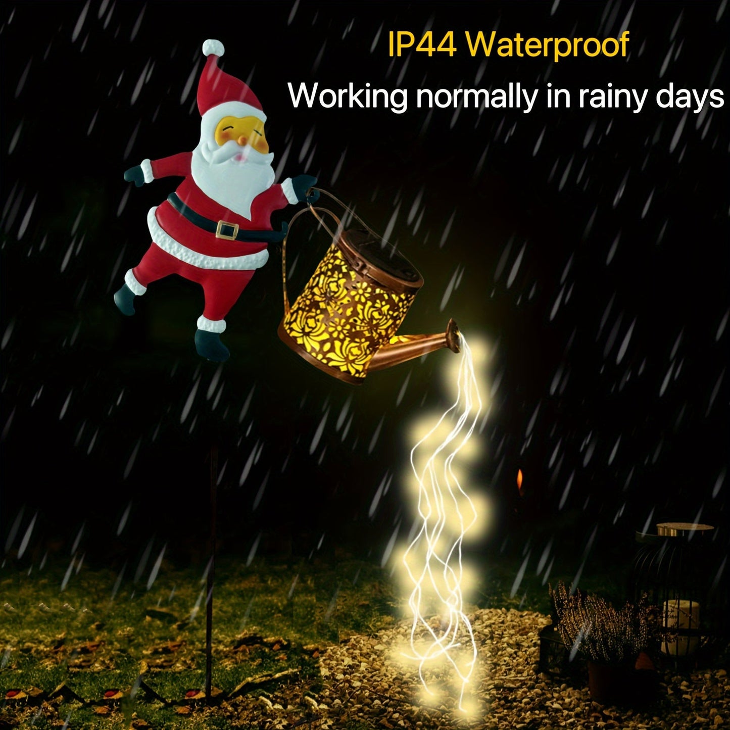 Solar Santa Watering Can Garden Light with Cascading LED Lights – Outdoor Waterproof Christmas Stake Light