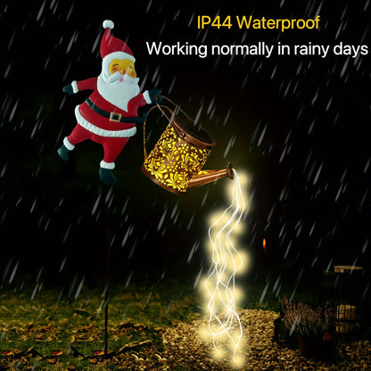 Solar Santa Watering Can Garden Light with Cascading LED Lights – Outdoor Waterproof Christmas Stake Light