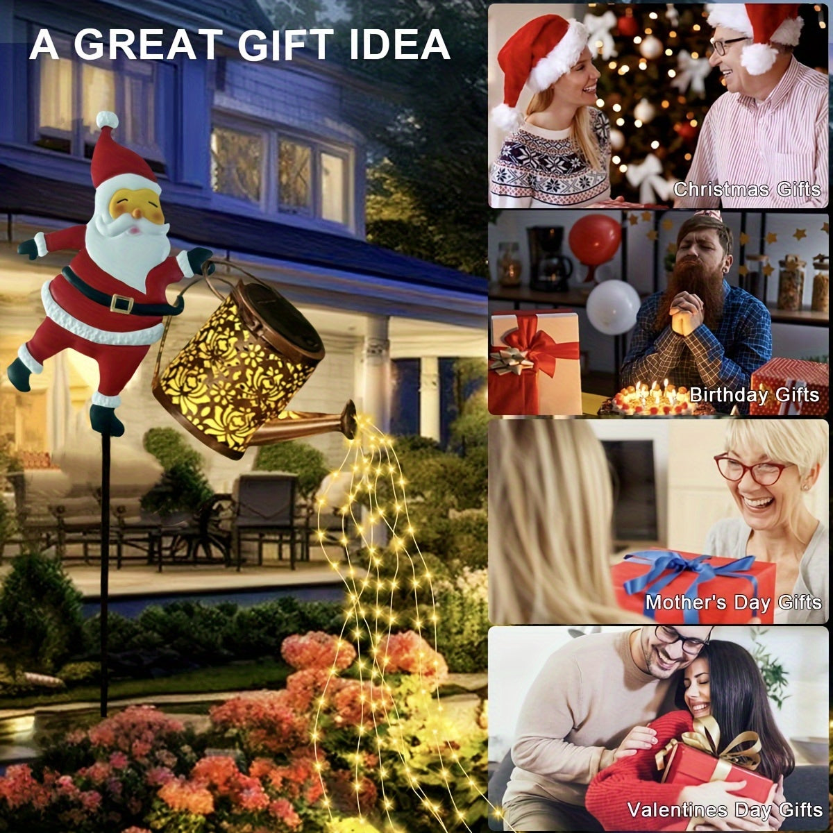 Solar Santa Watering Can Garden Light with Cascading LED Lights – Outdoor Waterproof Christmas Stake Light
