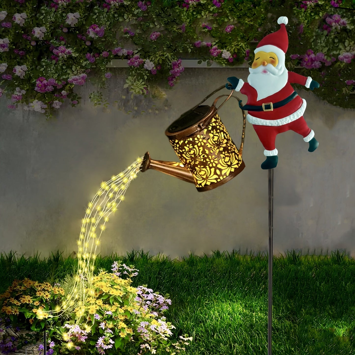 Solar Santa Watering Can Garden Light with Cascading LED Lights – Outdoor Waterproof Christmas Stake Light