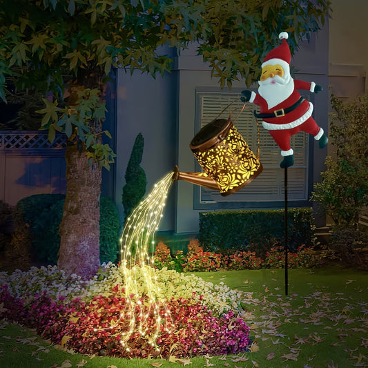 Solar Santa Watering Can Garden Light with Cascading LED Lights – Outdoor Waterproof Christmas Stake Light